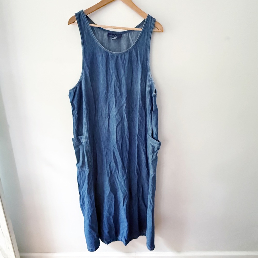 Vintage 90s Denim Jumper Dress Women 16W Maxi Shift Timeless Retro Modest Comfy